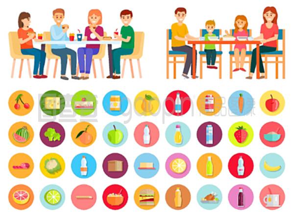 在家里吃飯的家庭。兩張照片,健康的家庭食品和不健康的垃圾食品。母親和父親,女兒和兒子一起吃飯。單獨的產品圖標。平面的矢量插圖。家庭吃垃圾食品和健康食品,產品圖標