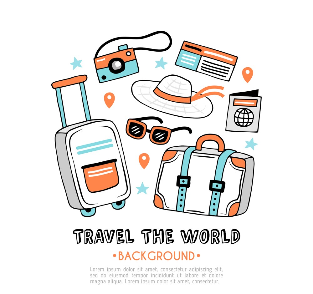 卡通旅行旅游必需品 免費PSD模板，1200像素高質量素材